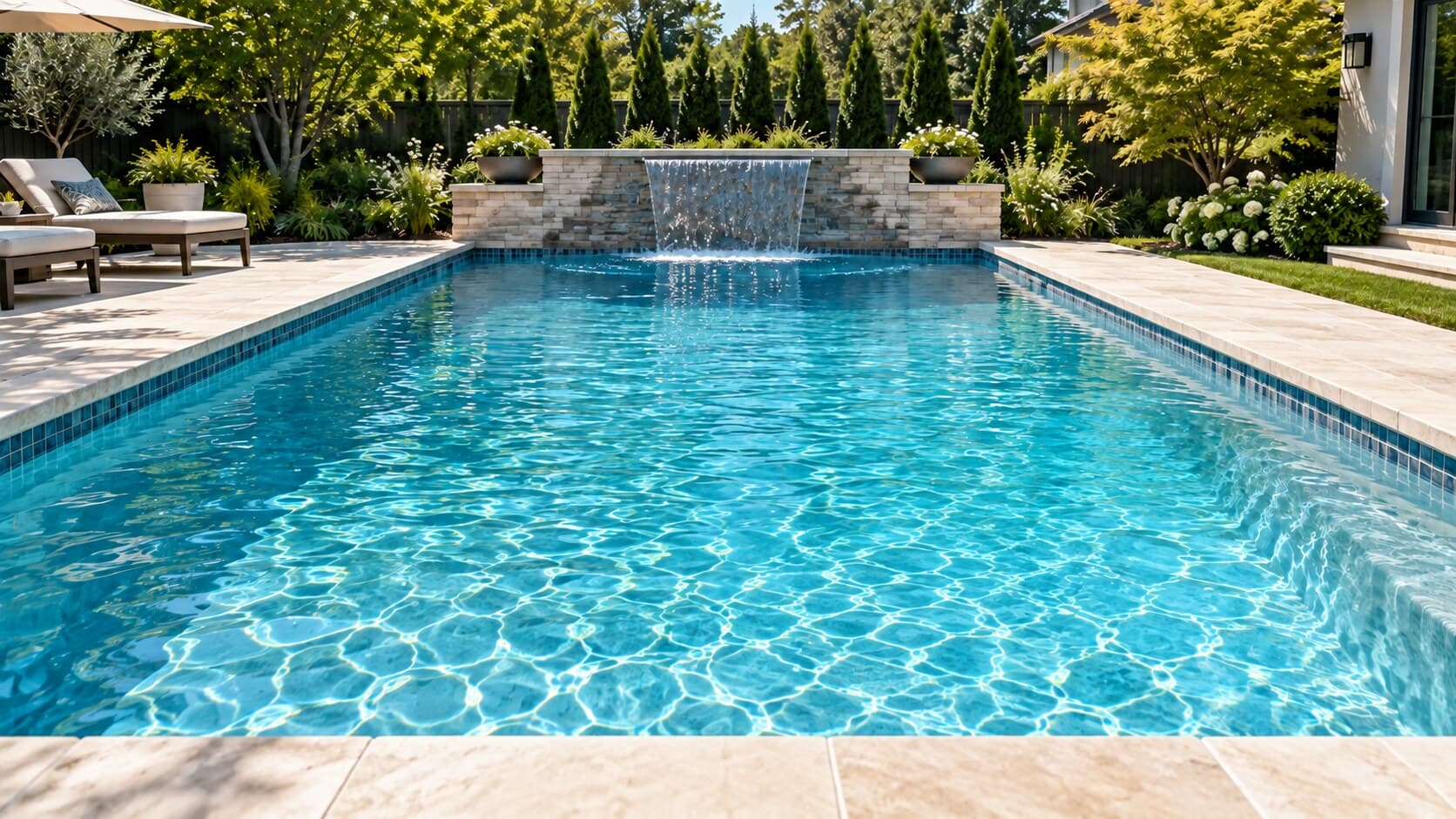 A clean residential pool with clear, brilliant blue water