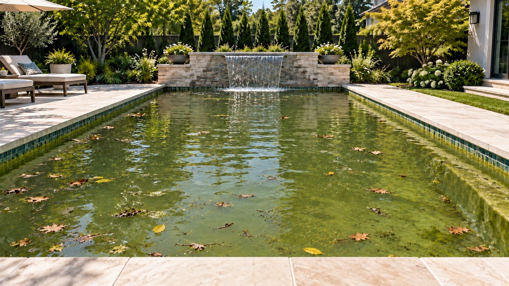 The same pool before cleaning, murky green water with floating leaves