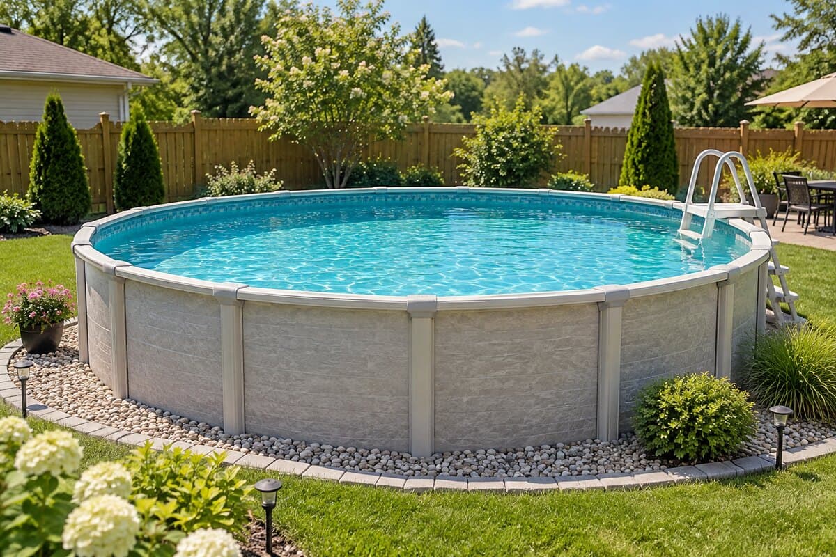 Round above-ground pool with a ladder in a backyard