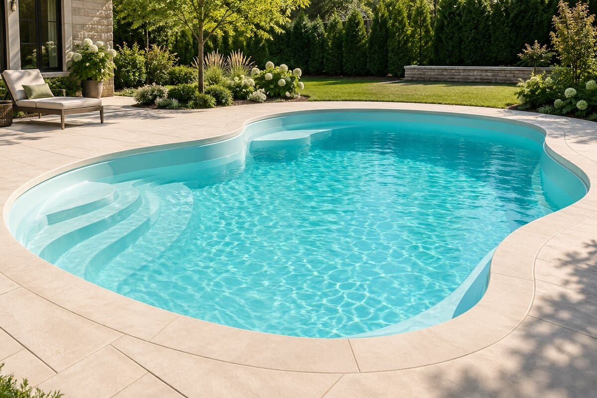 Curved fiberglass pool with a smooth light-blue shell