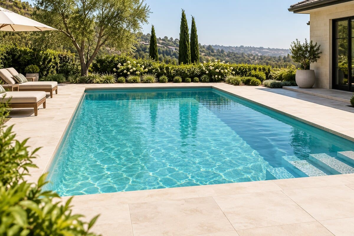 Rectangular in-ground pool with a stone waterfall feature