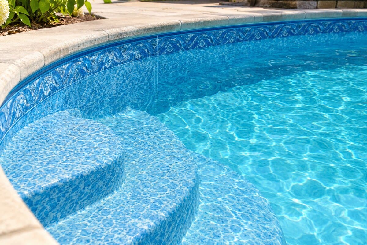 In-ground pool with a patterned vinyl liner and built-in steps